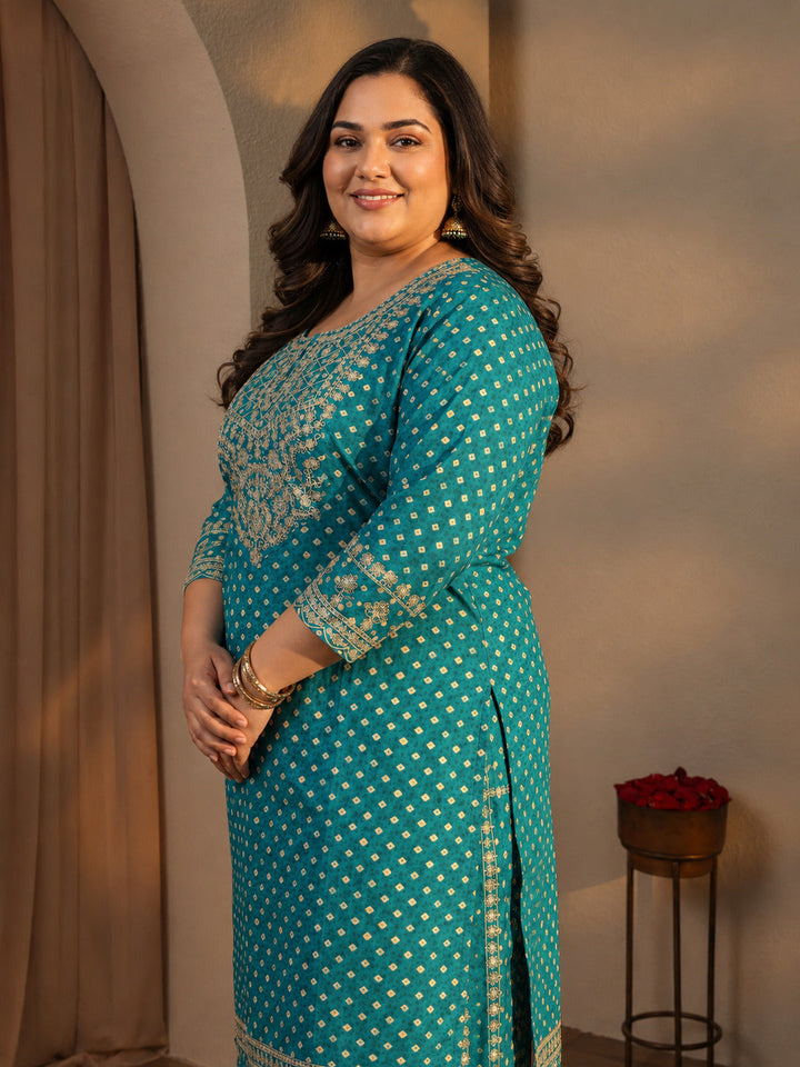 Plus Size Blue Bandhani Printed Silk Blend Straight Suit Set With Dupatta