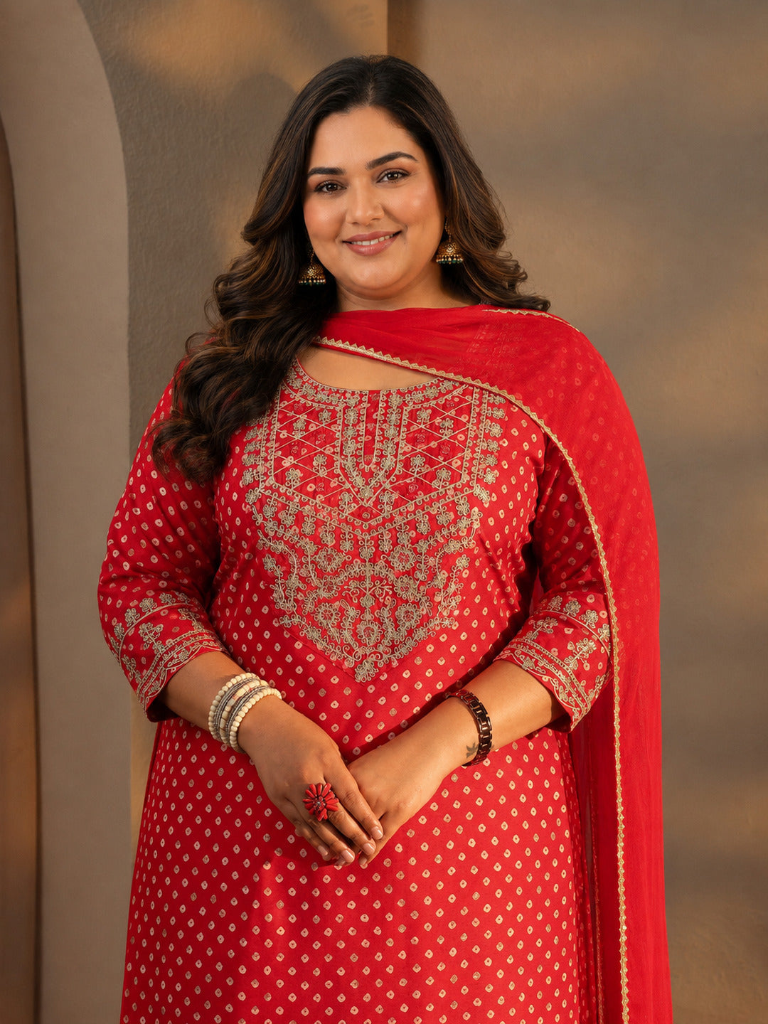 Plus Size Red Bandhani Printed Silk Blend Straight Suit Set With Dupatta