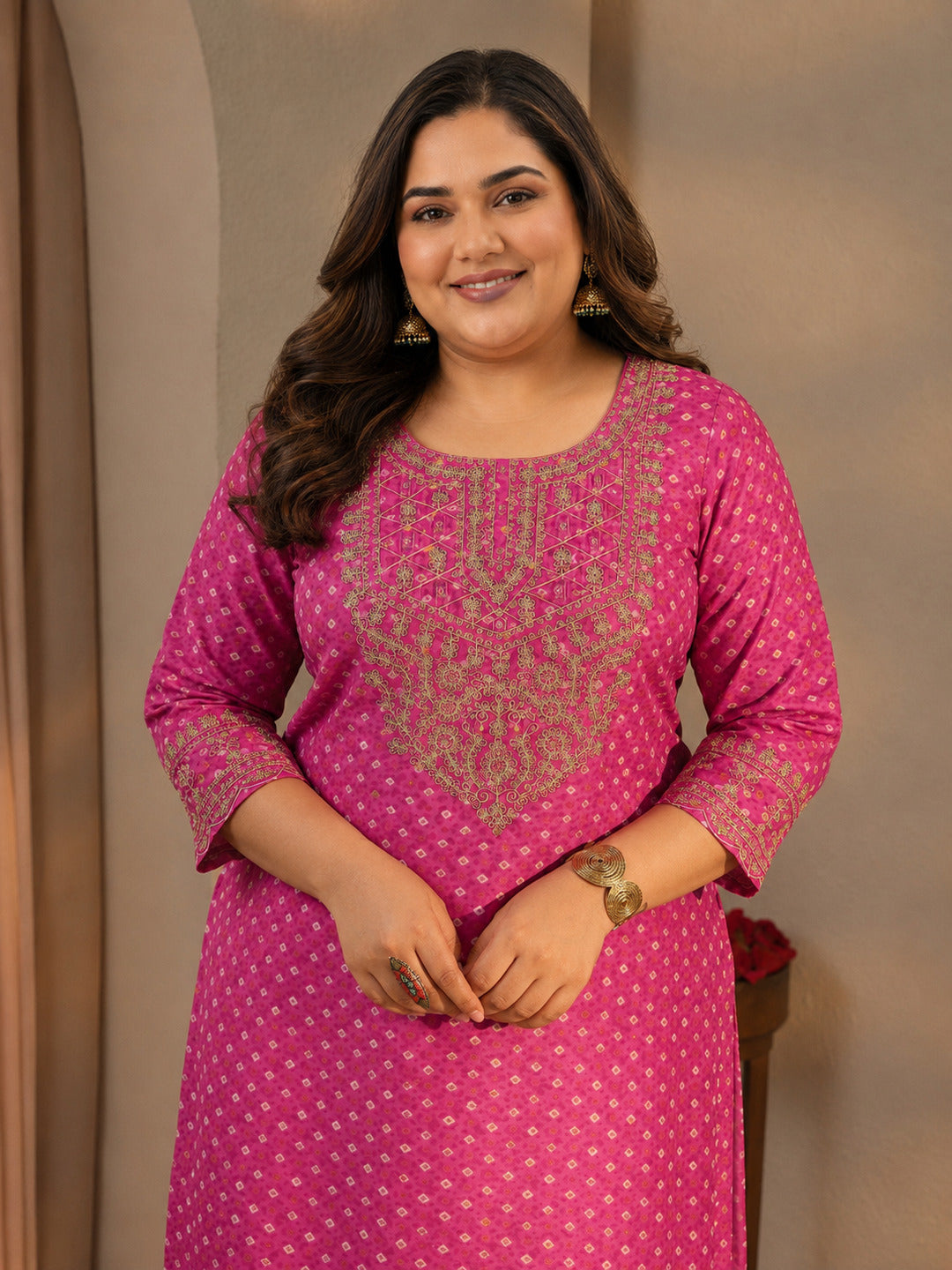 Plus Size Pink Bandhani Embroidered Silk Blend Straight Suit Set With Dupatta