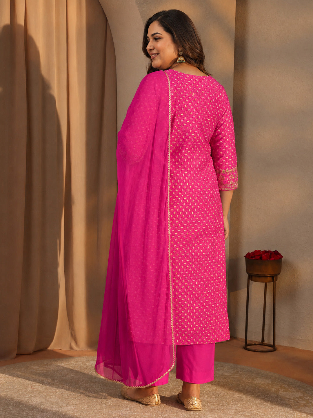 Plus Size Pink Bandhani Embroidered Silk Blend Straight Suit Set With Dupatta