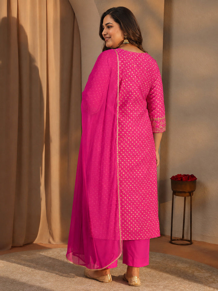 Plus Size Pink Bandhani Embroidered Silk Blend Straight Suit Set With Dupatta