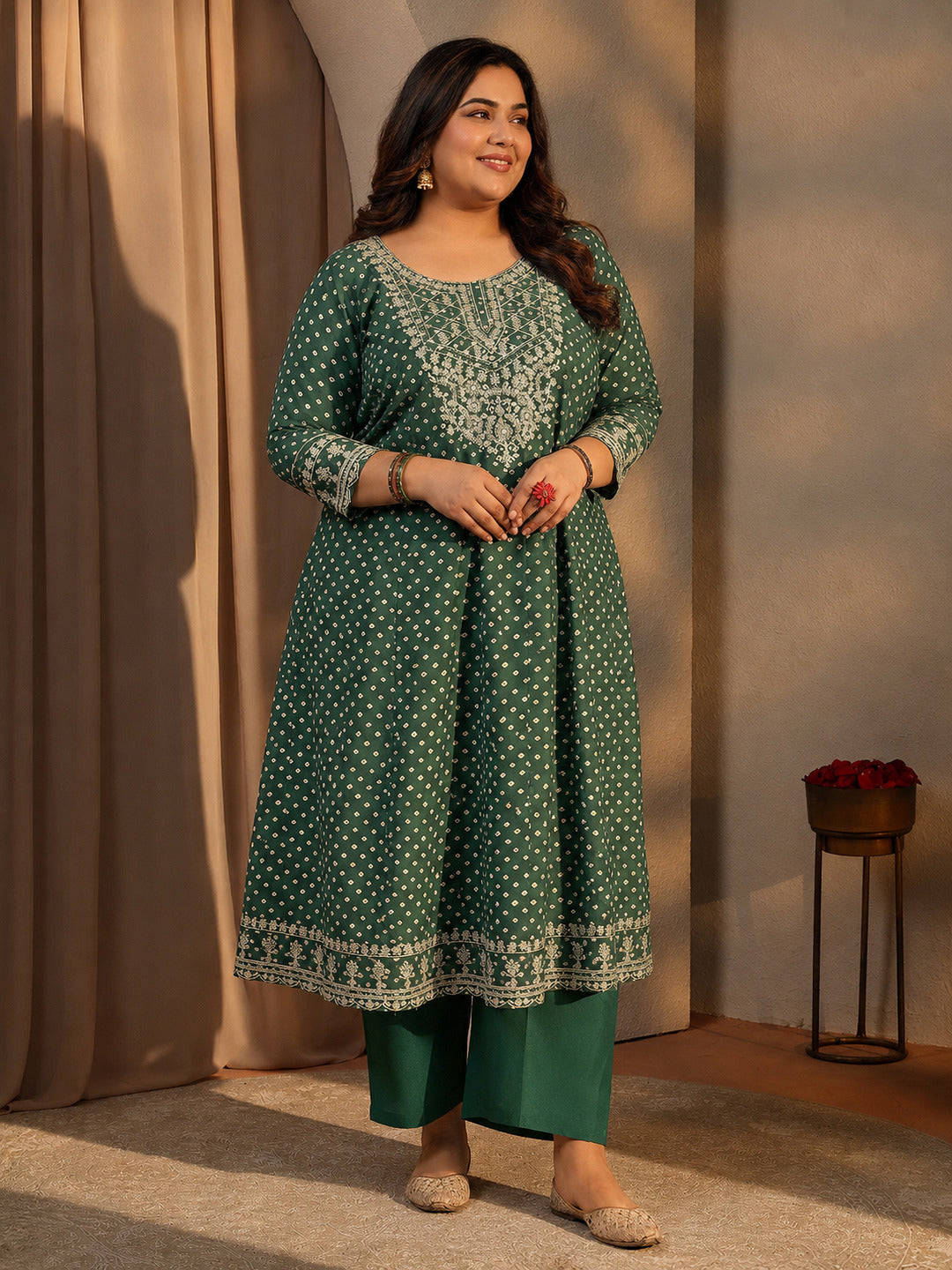 Plus Size Green Bandhani Printed Silk Blend A-Line Suit Set With Dupatta