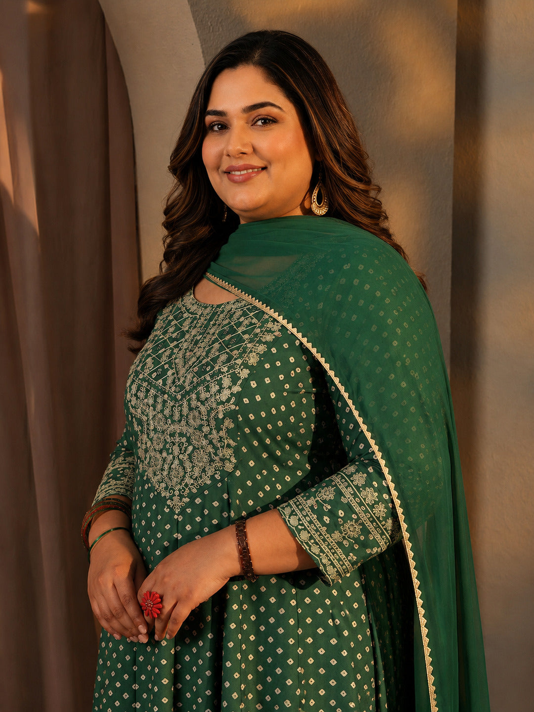 Plus Size Green Bandhani Printed Silk Blend A-Line Suit Set With Dupatta