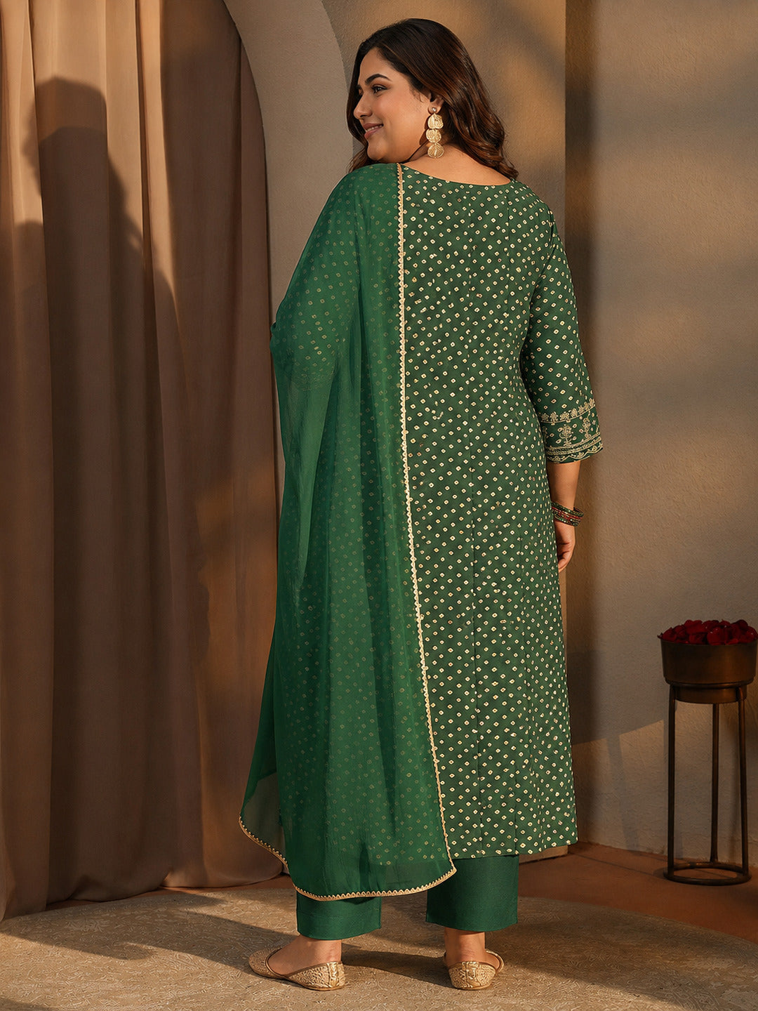 Plus Size Green Bandhani Printed Silk Blend A-Line Suit Set With Dupatta