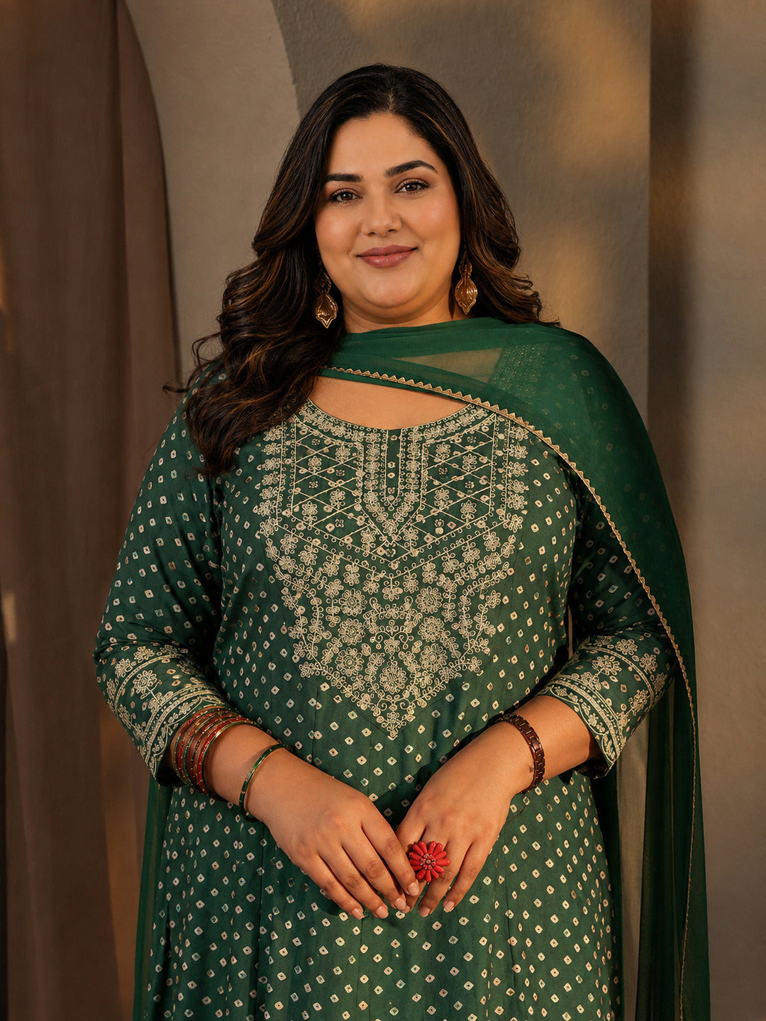 Plus Size Green Bandhani Printed Silk Blend A-Line Suit Set With Dupatta