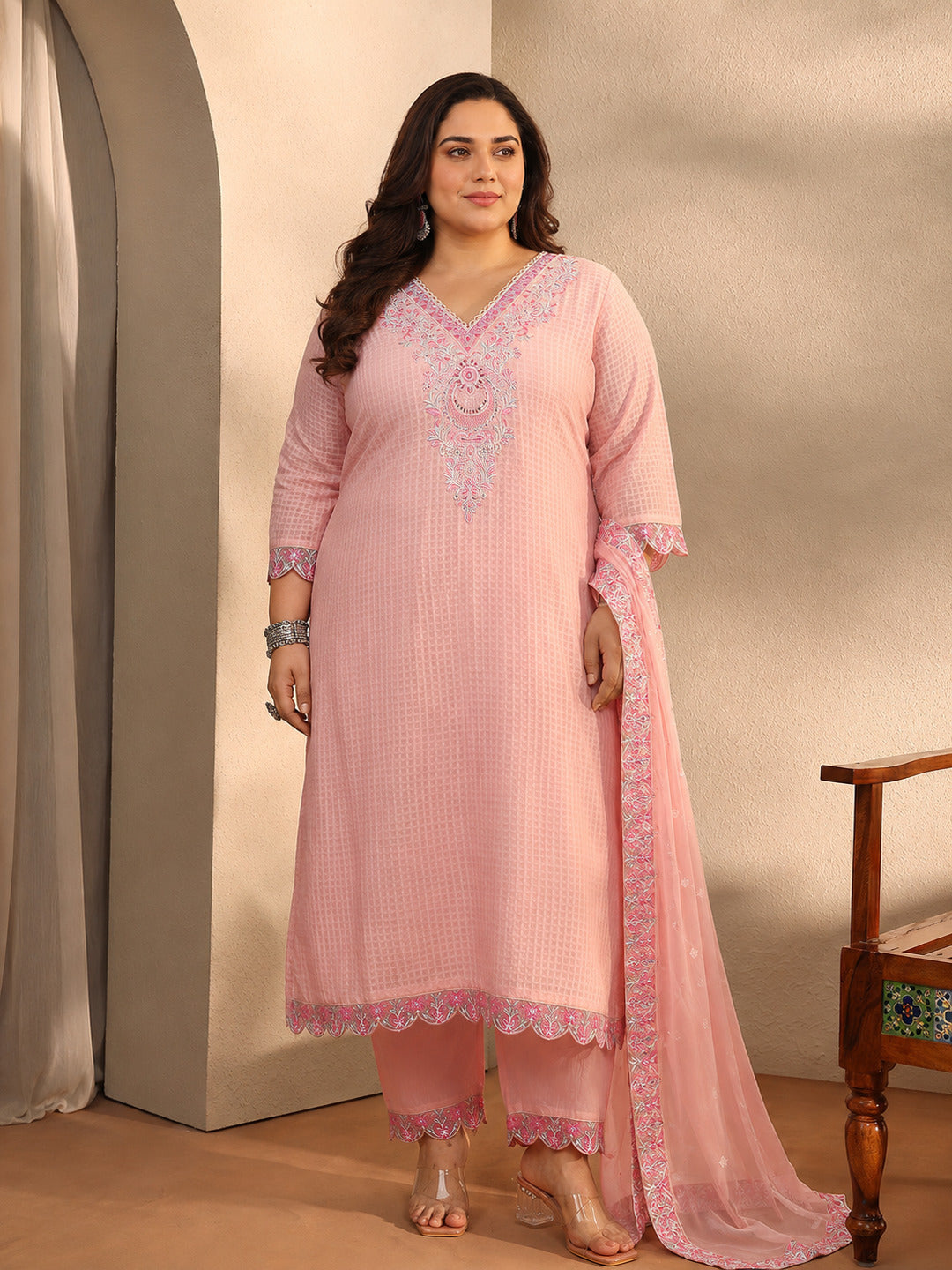 Plus Size Peach Floral Self Design Cotton Blend Straight Suit Set With Dupatta