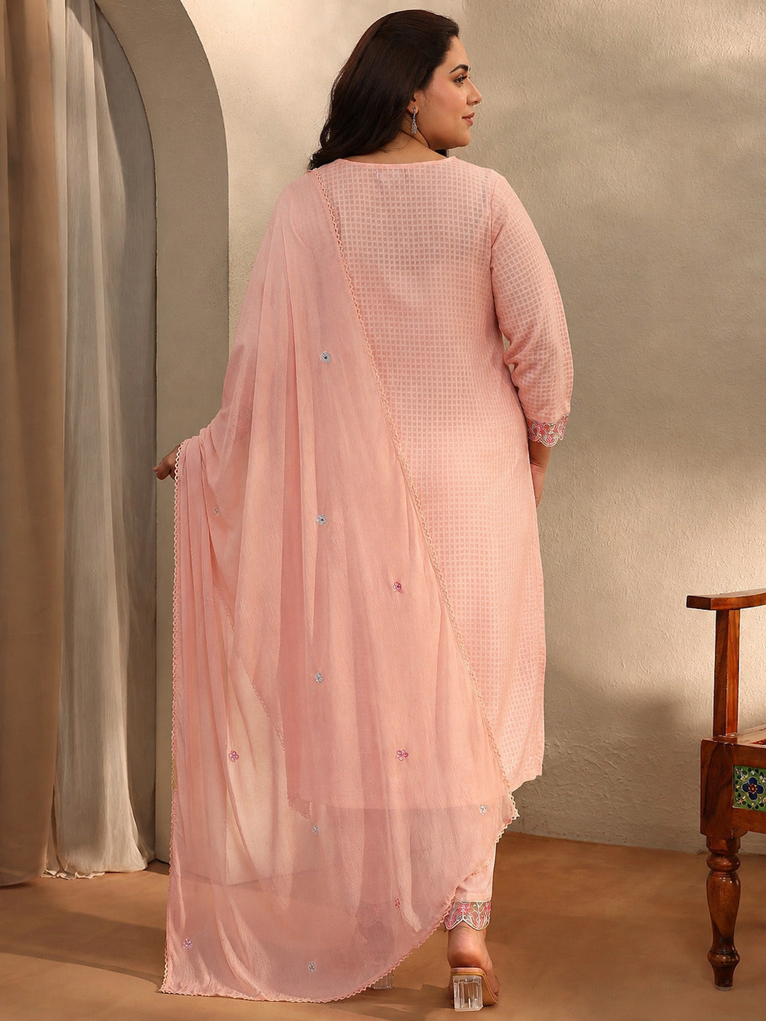 Plus Size Peach Floral Self Design Cotton Blend Straight Suit Set With Dupatta