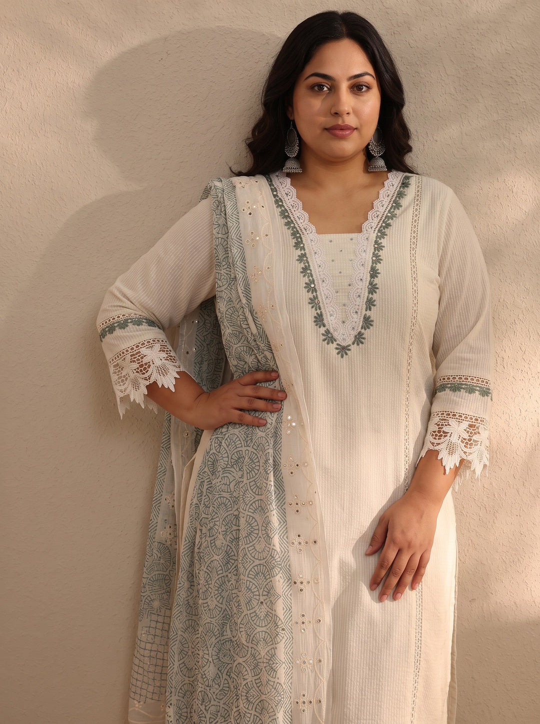 Plus Size White Self Design Cotton Blend Straight Kurta Set
