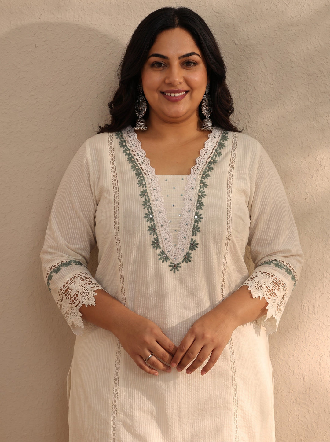 Plus Size White Self Design Cotton Blend Straight Kurta Set