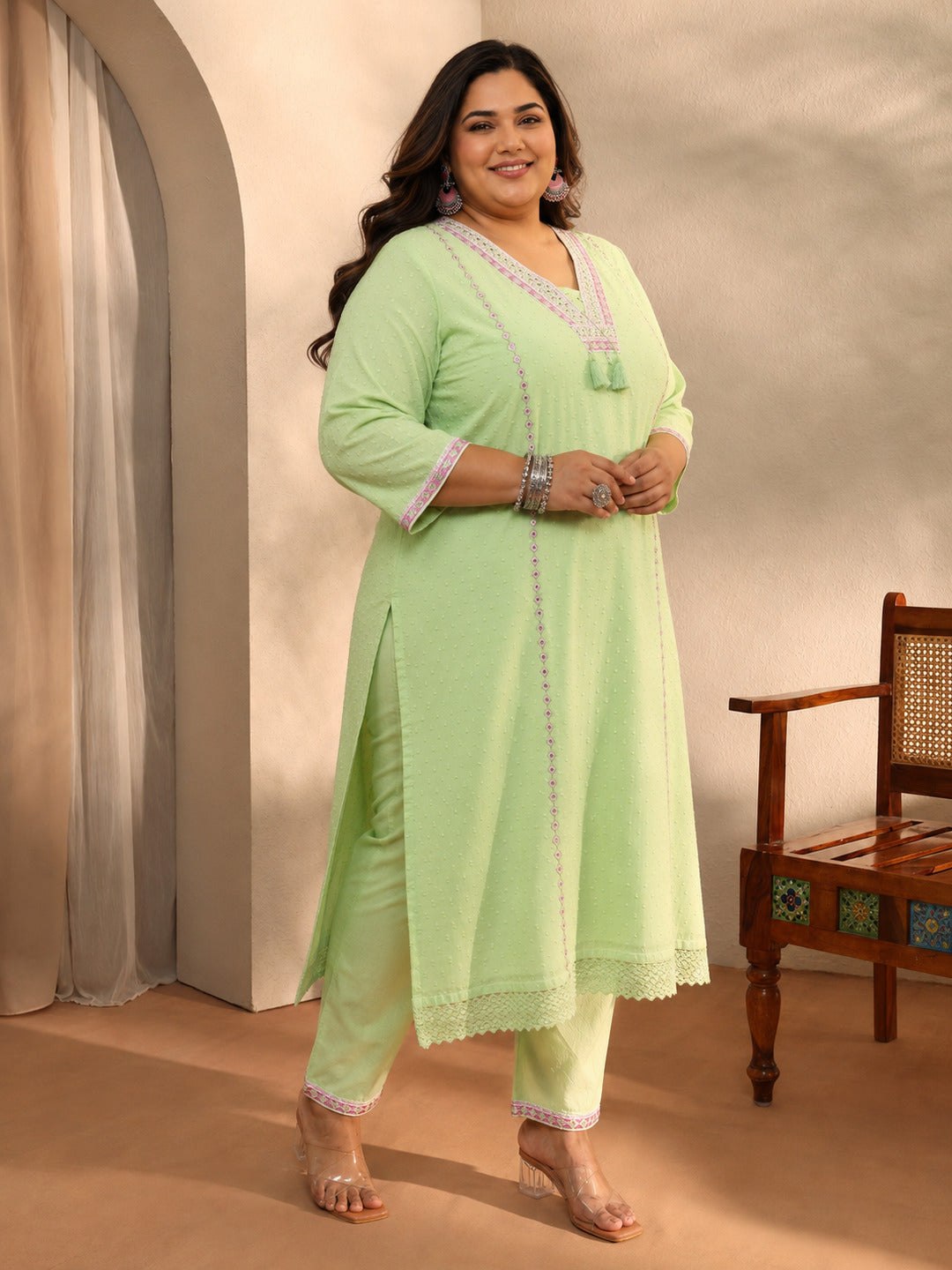 Plus Size Green Self Design Cotton Blend Straight Kurta Set