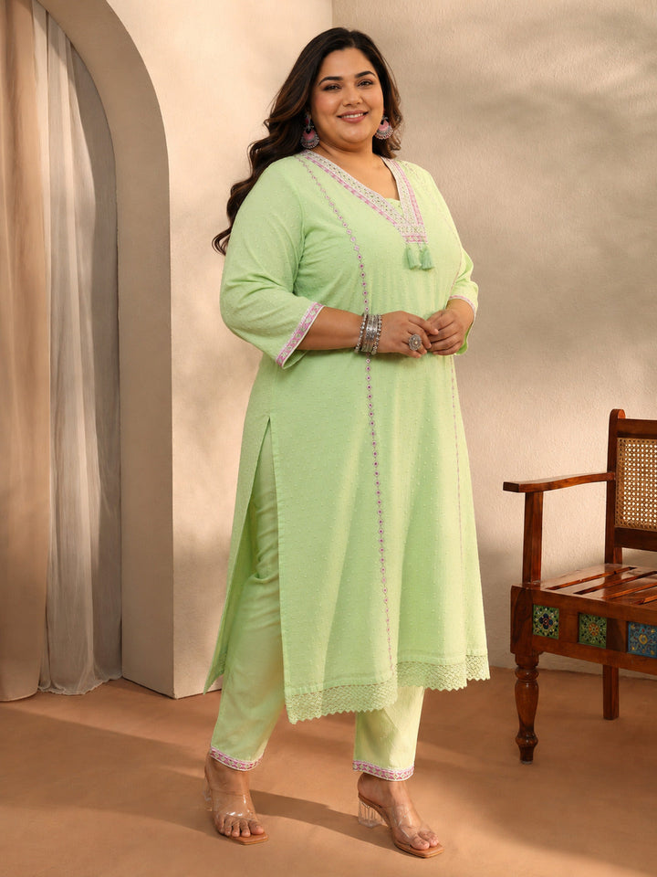 Plus Size Green Self Design Cotton Blend Straight Kurta Set
