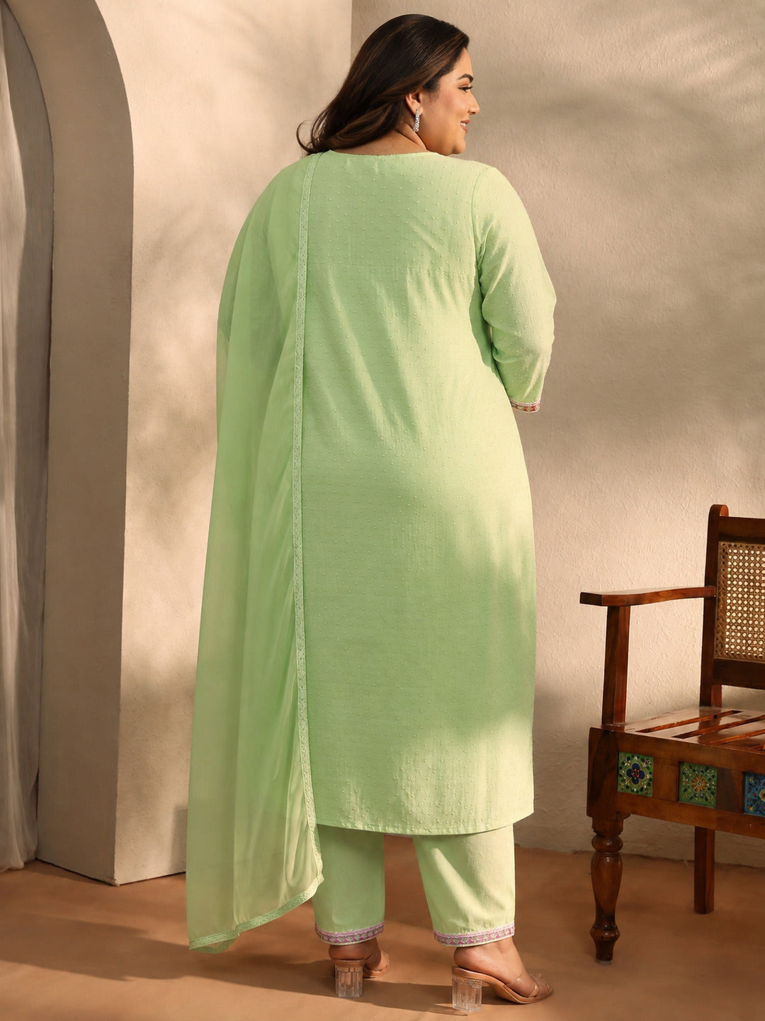Plus Size Green Self Design Cotton Blend Straight Kurta Set