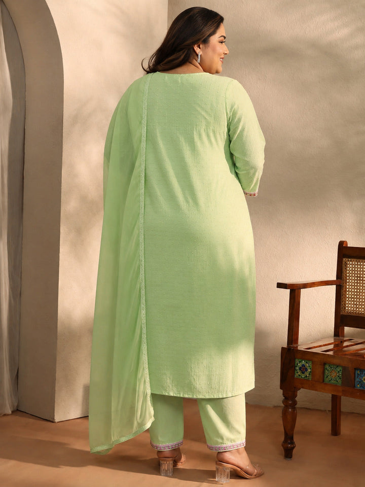 Plus Size Green Self Design Cotton Blend Straight Kurta Set