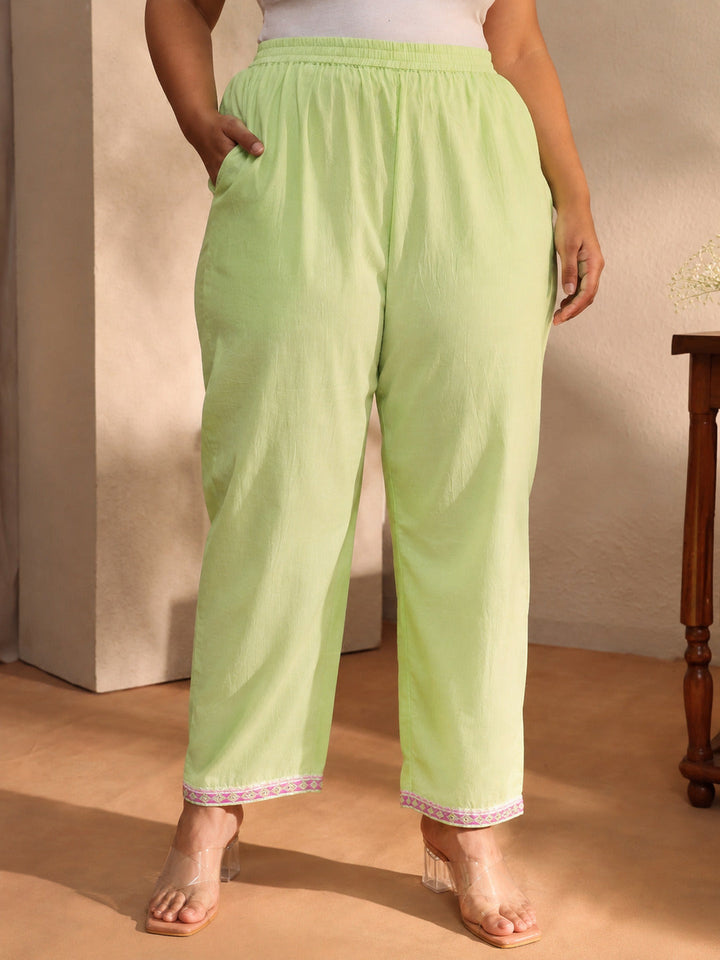 Plus Size Green Self Design Cotton Blend Straight Kurta Set