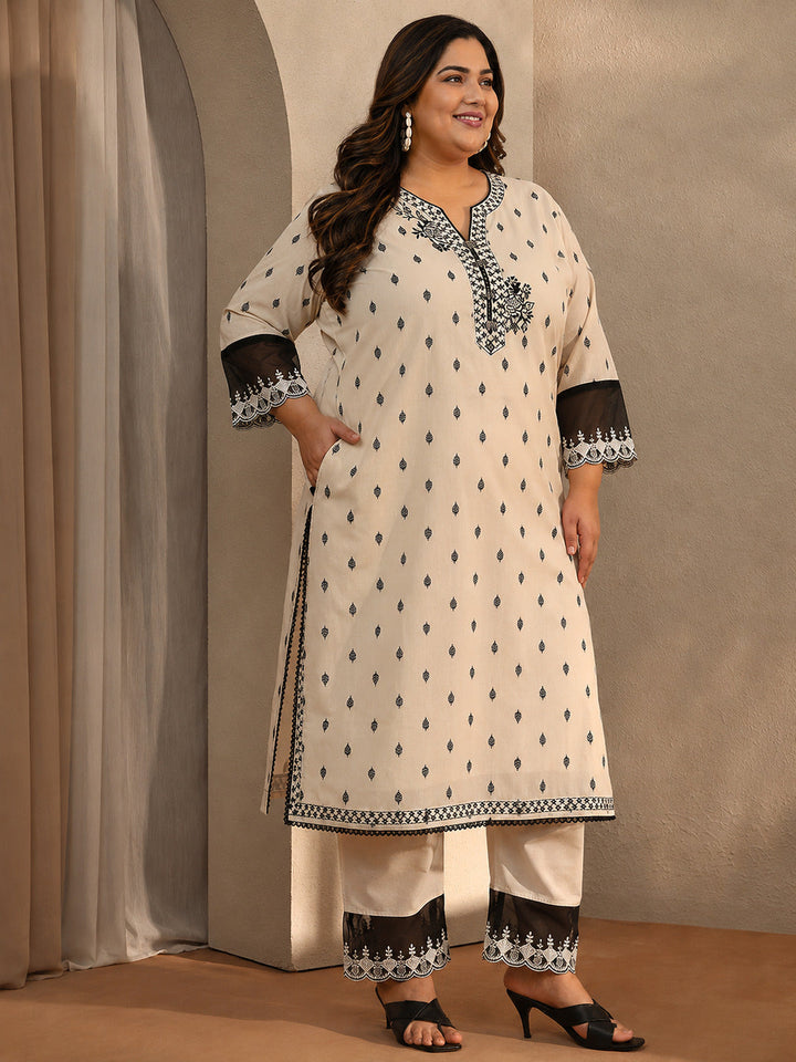 Plus Size Off White Floral Woven Design Cotton Blend Straight Suit Set With Dupatta