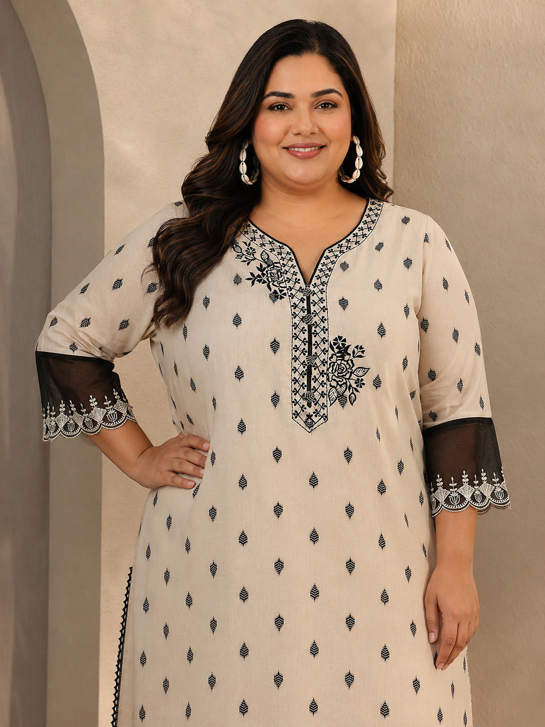 Plus Size Off White Floral Woven Design Cotton Blend Straight Suit Set With Dupatta