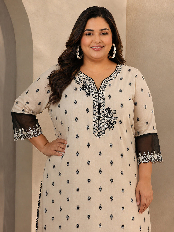 Plus Size Off White Floral Woven Design Cotton Blend Straight Suit Set With Dupatta