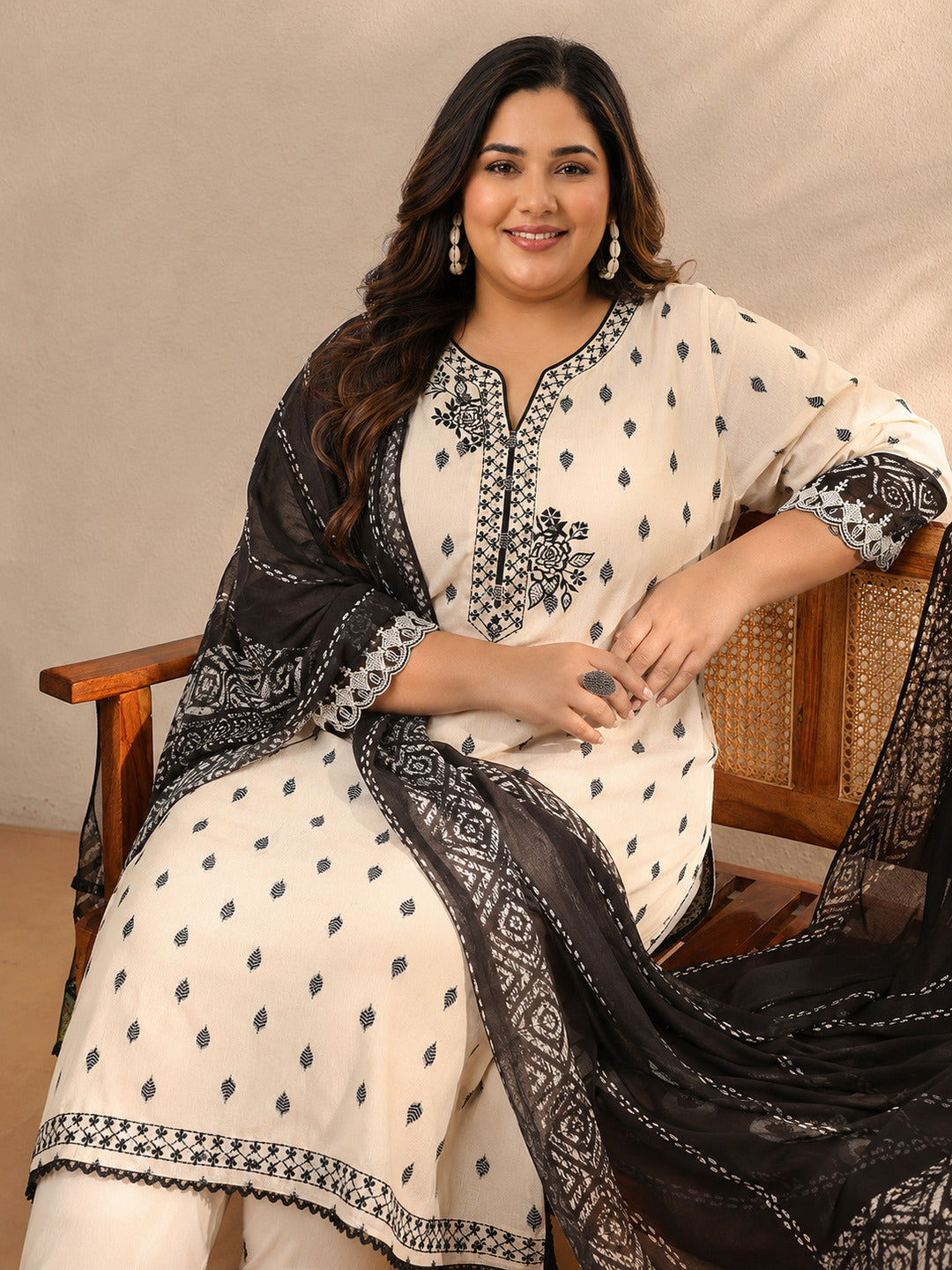 Plus Size Off White Floral Woven Design Cotton Blend Straight Suit Set With Dupatta