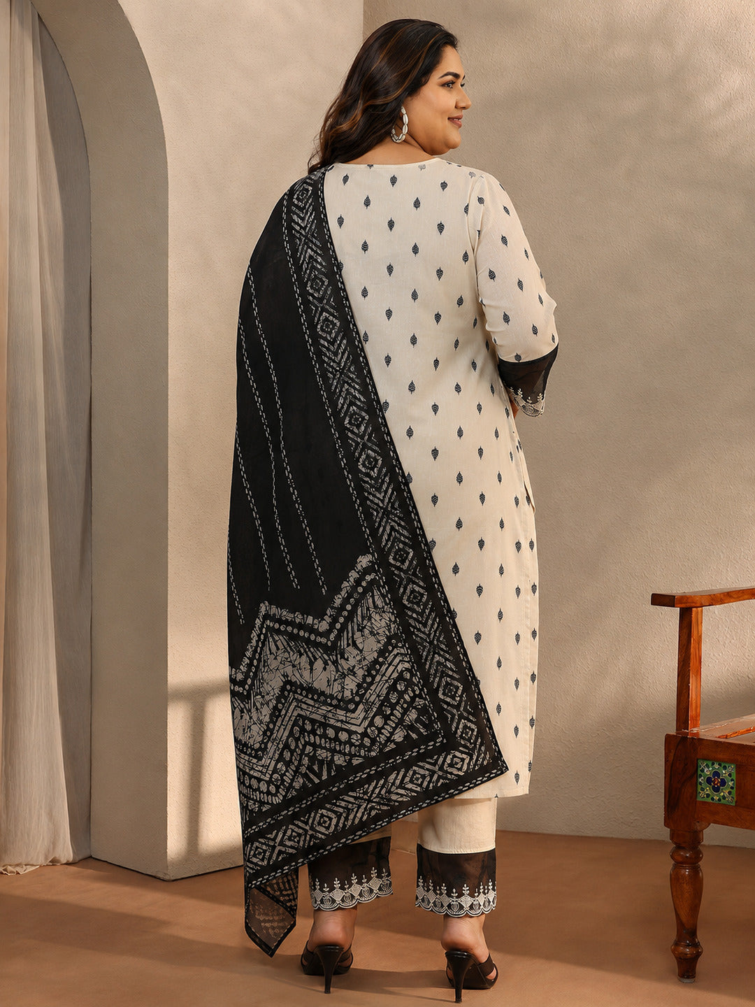 Plus Size Off White Floral Woven Design Cotton Blend Straight Suit Set With Dupatta