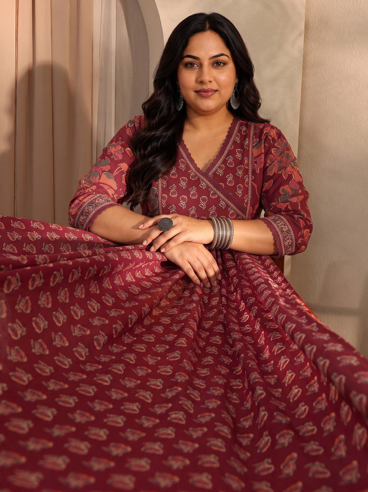 Plus Size Rust Floral Printed Cotton Blend A-Line Suit Set With Dupatta