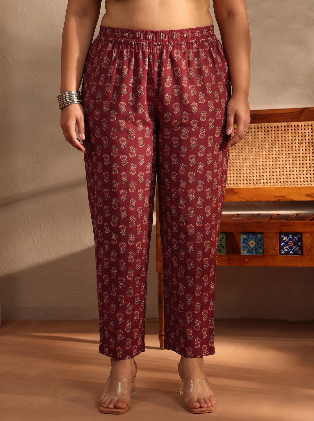 Plus Size Rust Floral Printed Cotton Blend A-Line Suit Set With Dupatta