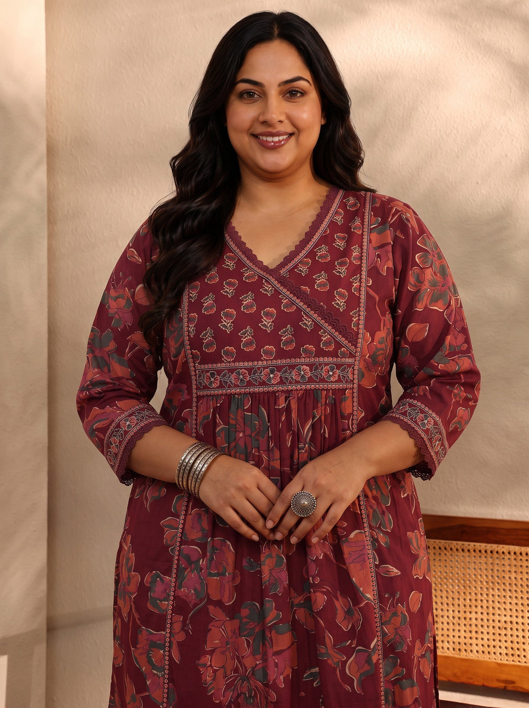 Plus Size Rust Floral Printed Cotton Blend A-Line Suit Set With Dupatta