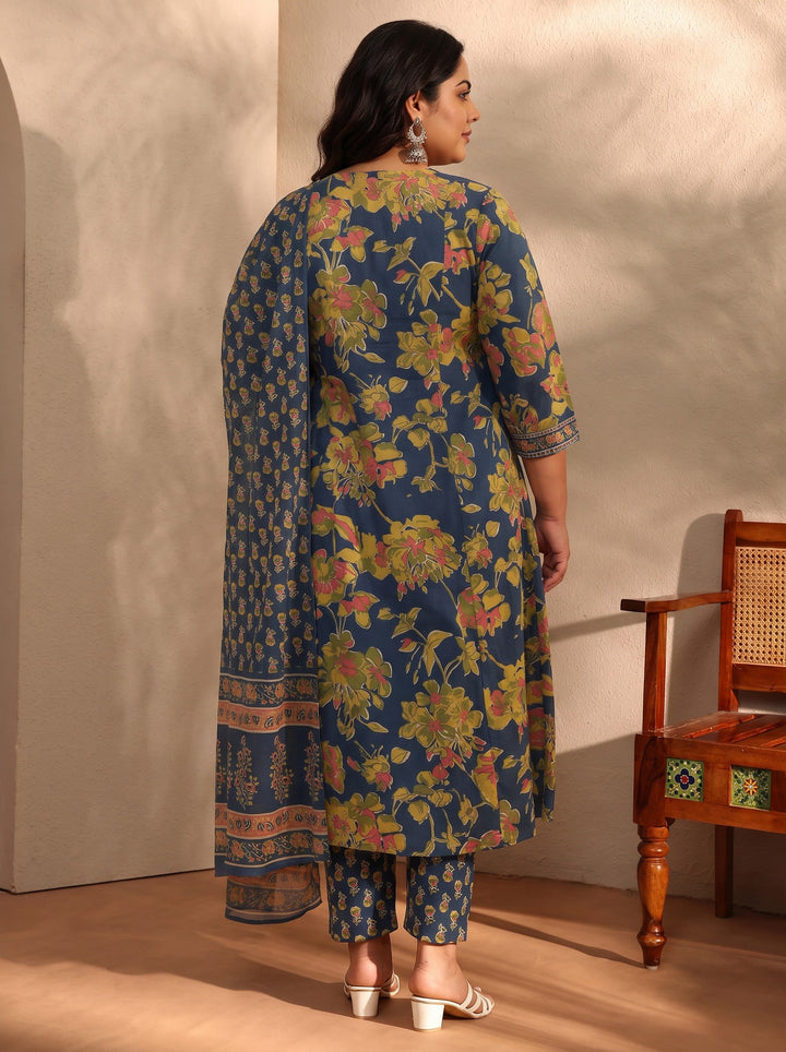 Plus Size Blue Floral Printed Cotton Blend A-Line Suit Set With Dupatta