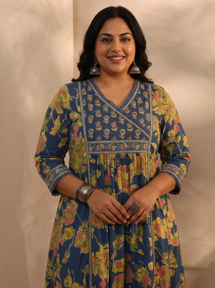 Plus Size Blue Floral Printed Cotton Blend A-Line Suit Set With Dupatta