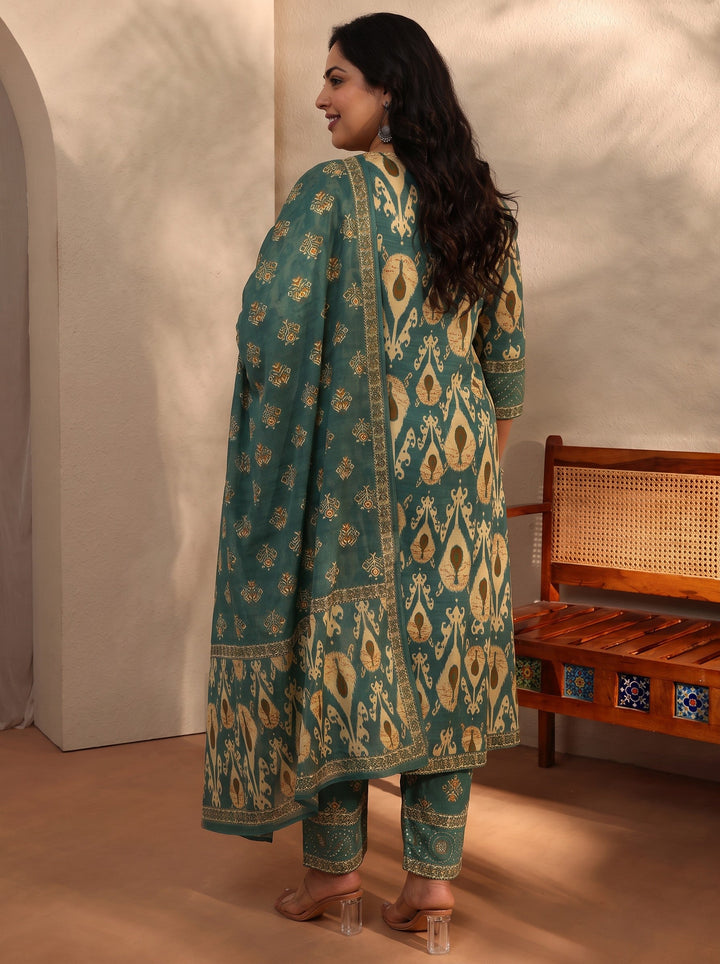 Plus Size Green Floral Printed Cotton Blend A-Line Suit Set With Dupatta