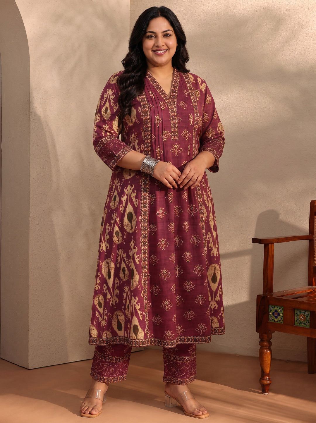 Plus Size Maroon Floral Printed Cotton Blend A-Line Suit Set With Dupatta