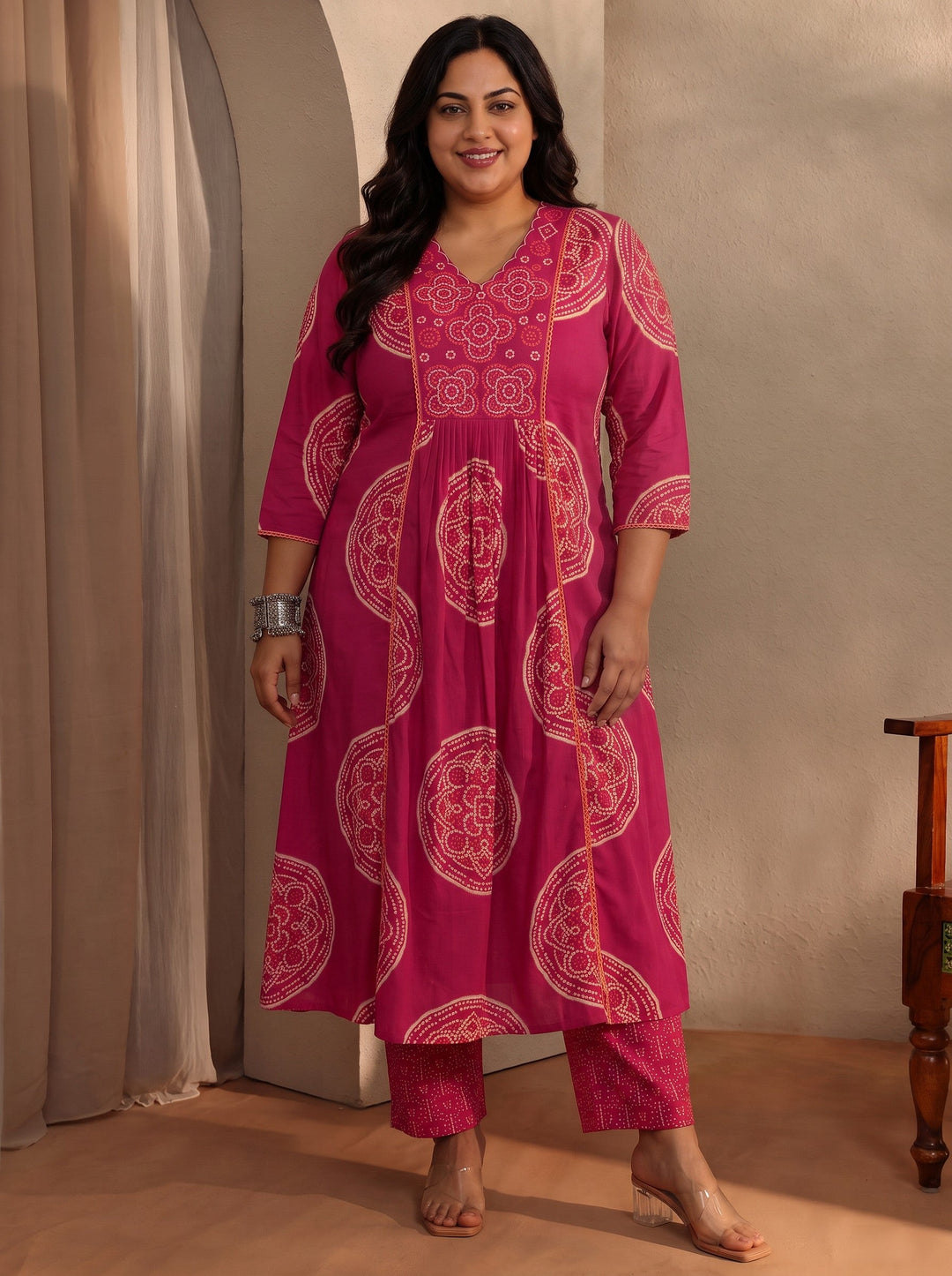 Plus Size Pink Bandhani Printed Cotton Blend A-Line Suit Set With Dupatta