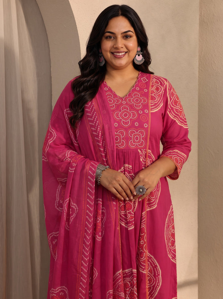 Plus Size Pink Bandhani Printed Cotton Blend A-Line Suit Set With Dupatta