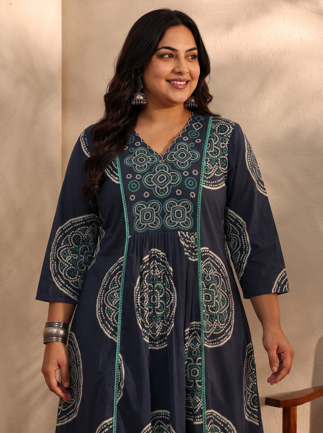 Plus Size Blue Bandhani Printed Cotton Blend A-Line Suit Set With Dupatta