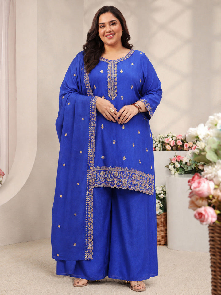 Plus Size Blue Embroidered Silk Blend Straight Suit Set With Dupatta