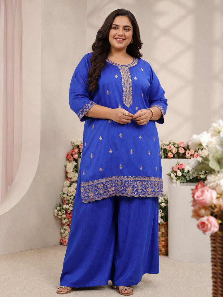 Plus Size Blue Embroidered Silk Blend Straight Suit Set With Dupatta