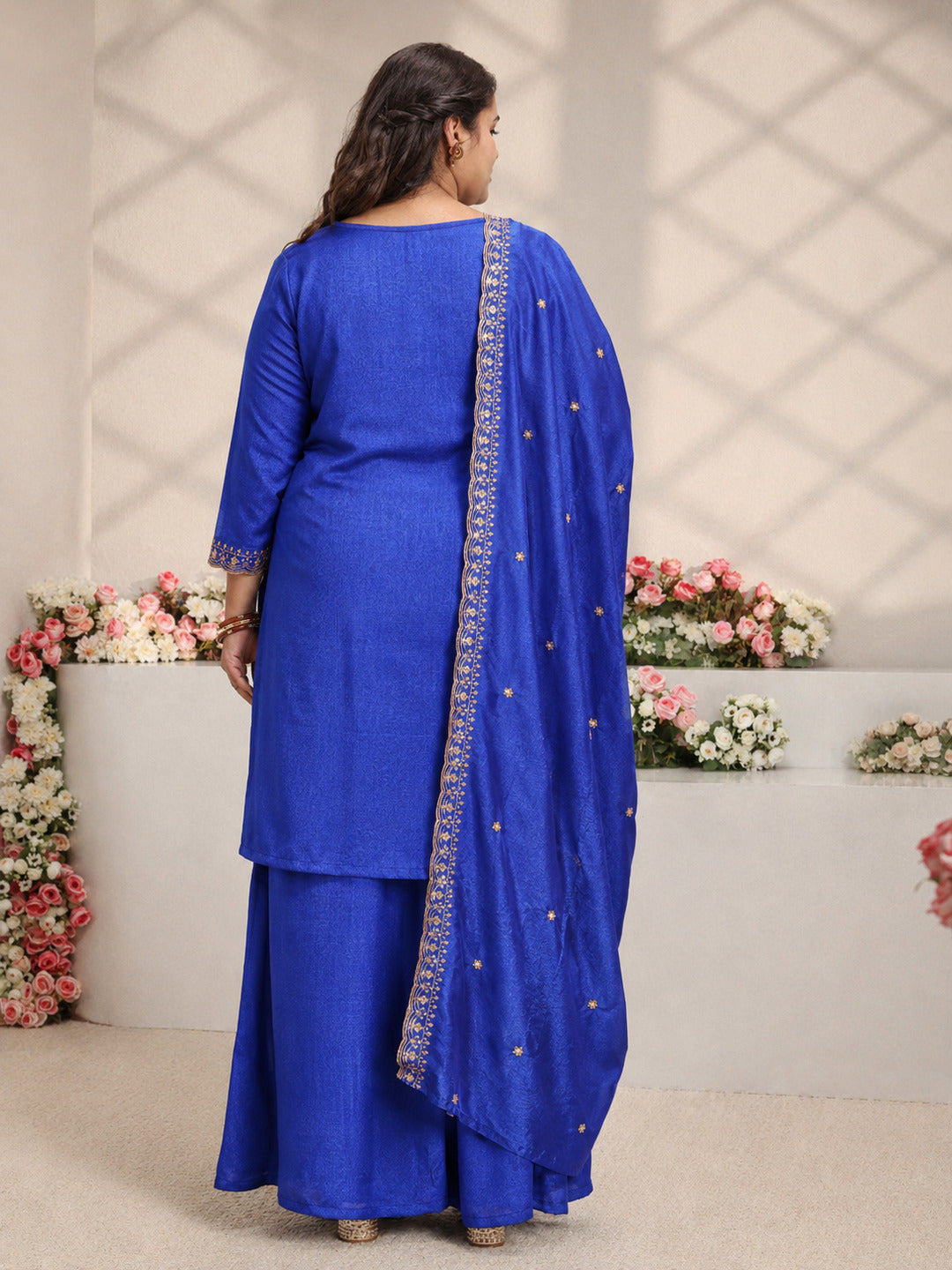 Plus Size Blue Embroidered Silk Blend Straight Suit Set With Dupatta