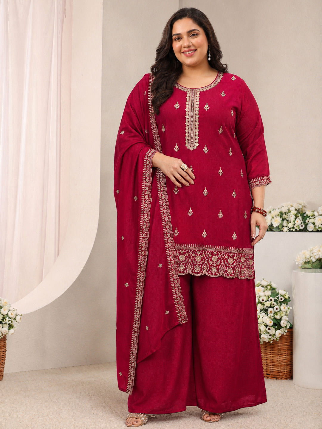 Plus Size Red Embroidered Silk Blend Straight Suit Set With Dupatta