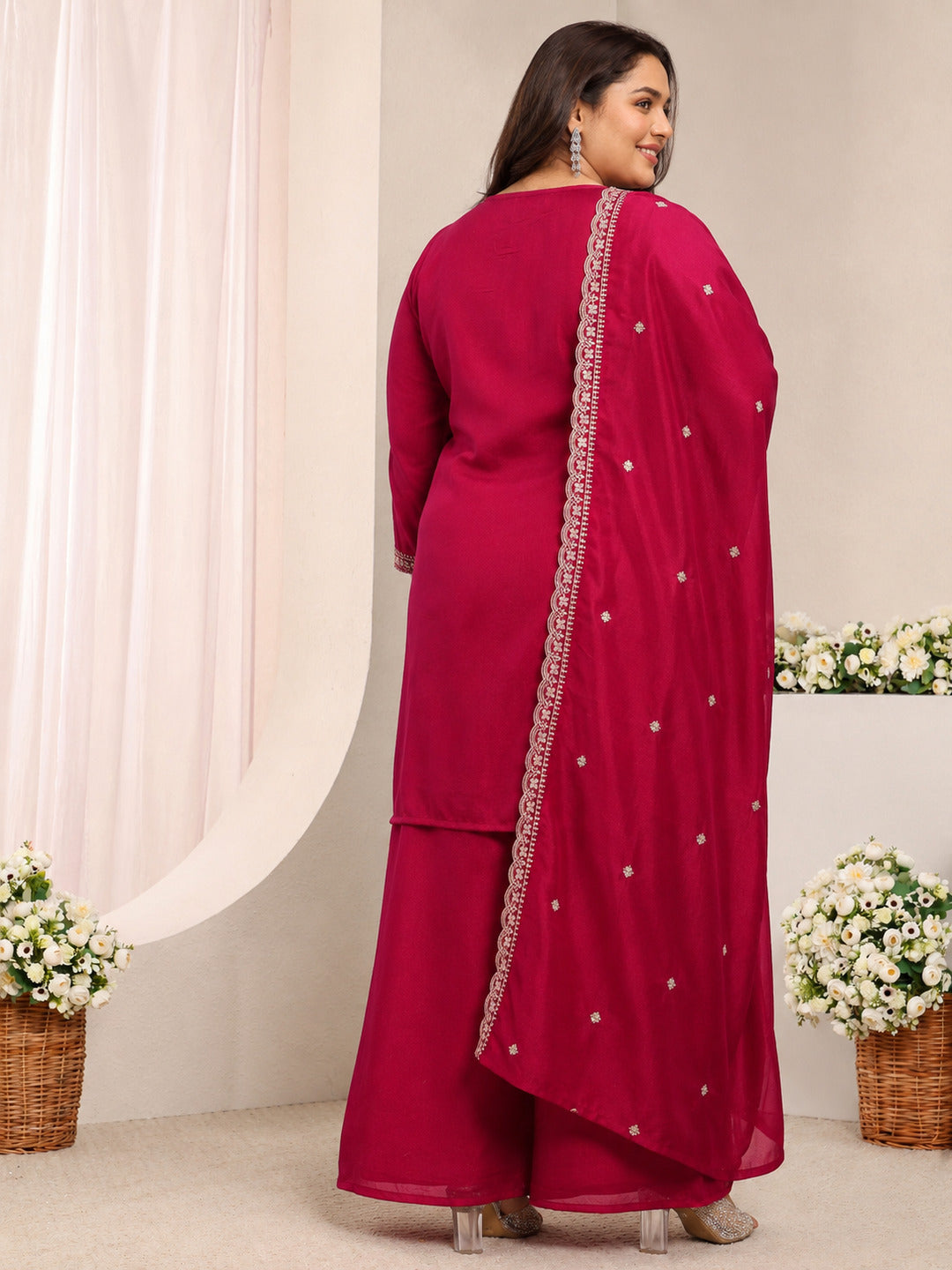 Plus Size Red Embroidered Silk Blend Straight Suit Set With Dupatta