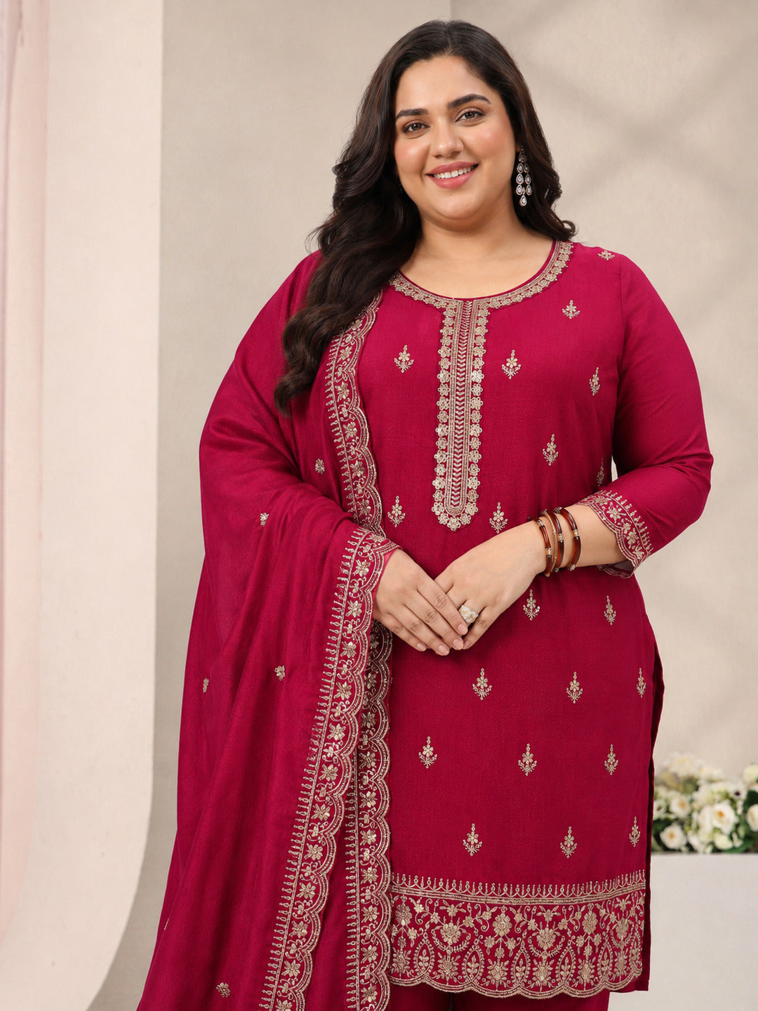 Plus Size Red Embroidered Silk Blend Straight Suit Set With Dupatta