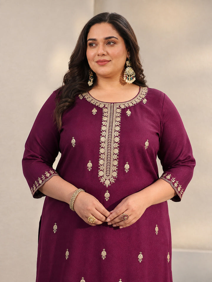 Plus Size Burgundy Embroidered Silk Blend Palazzo Suit Set With Dupatta