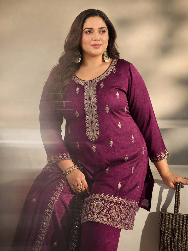 Plus Size Burgundy Embroidered Silk Blend Palazzo Suit Set With Dupatta