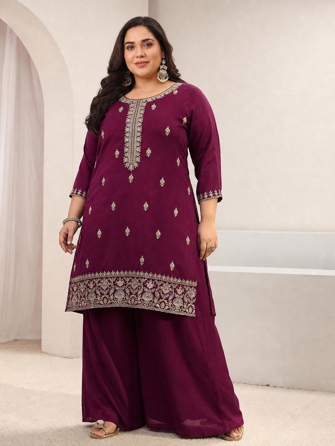 Plus Size Burgundy Embroidered Silk Blend Palazzo Suit Set With Dupatta