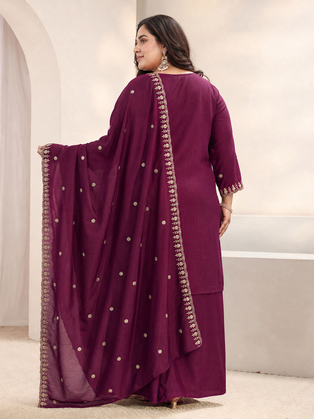 Plus Size Burgundy Embroidered Silk Blend Palazzo Suit Set With Dupatta