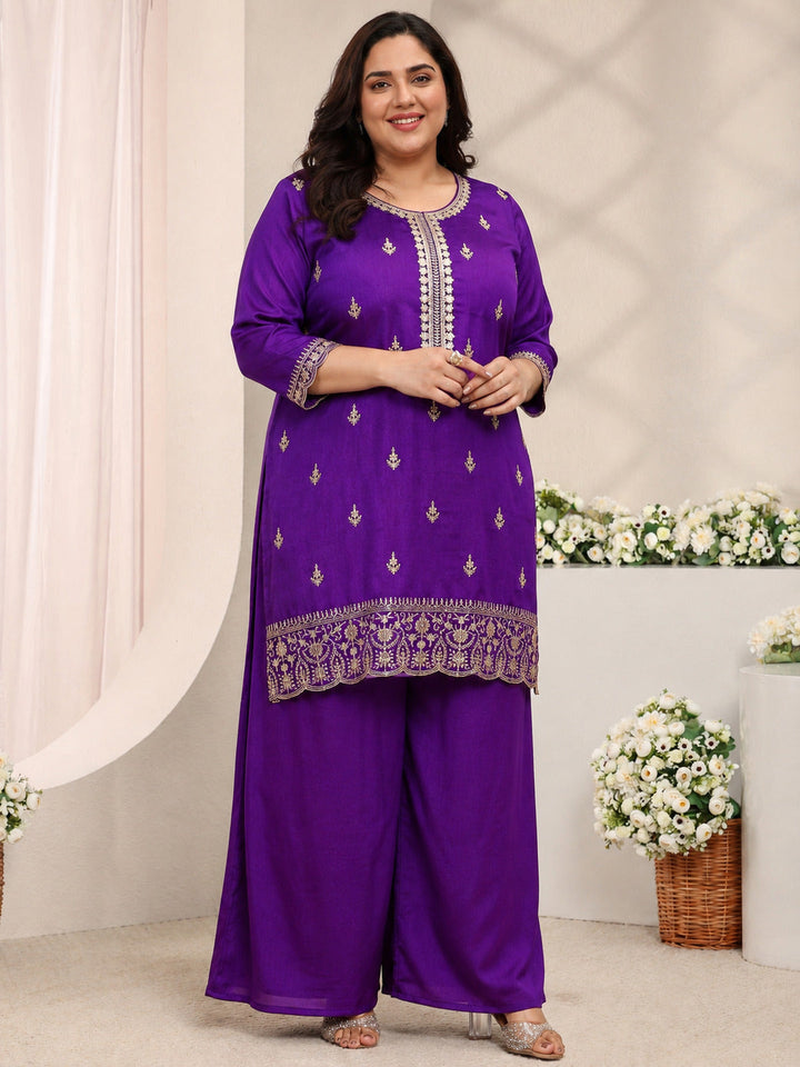 Plus Size Purple Embroidered Silk Blend Straight Suit Set With Dupatta