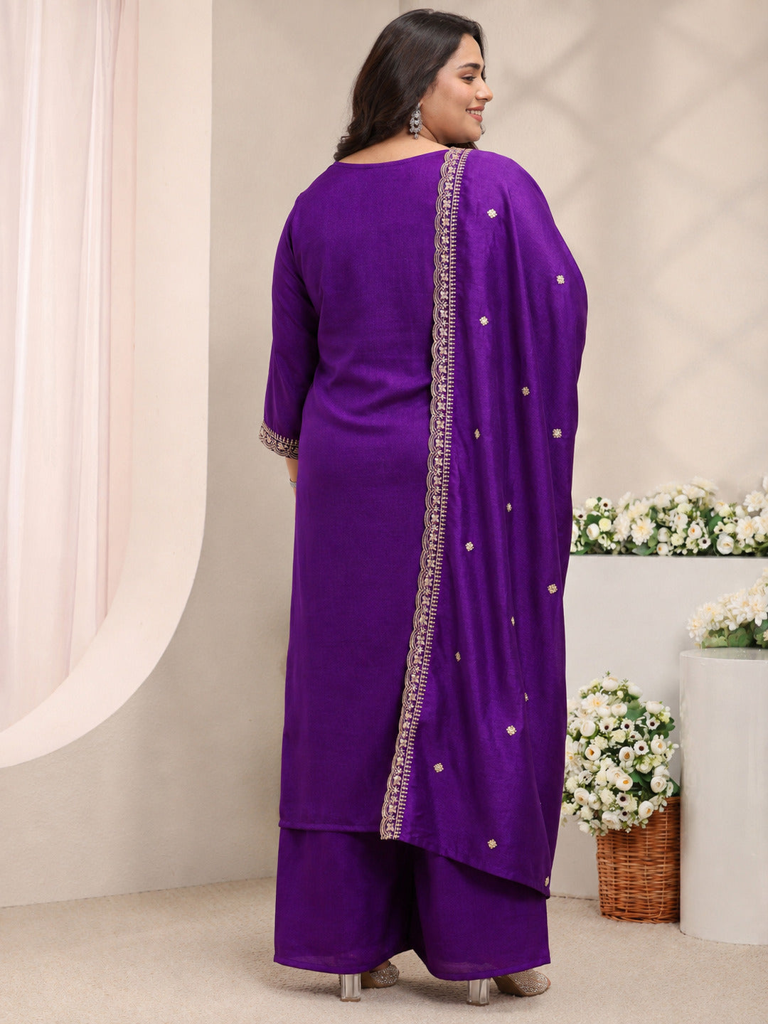 Plus Size Purple Embroidered Silk Blend Straight Suit Set With Dupatta