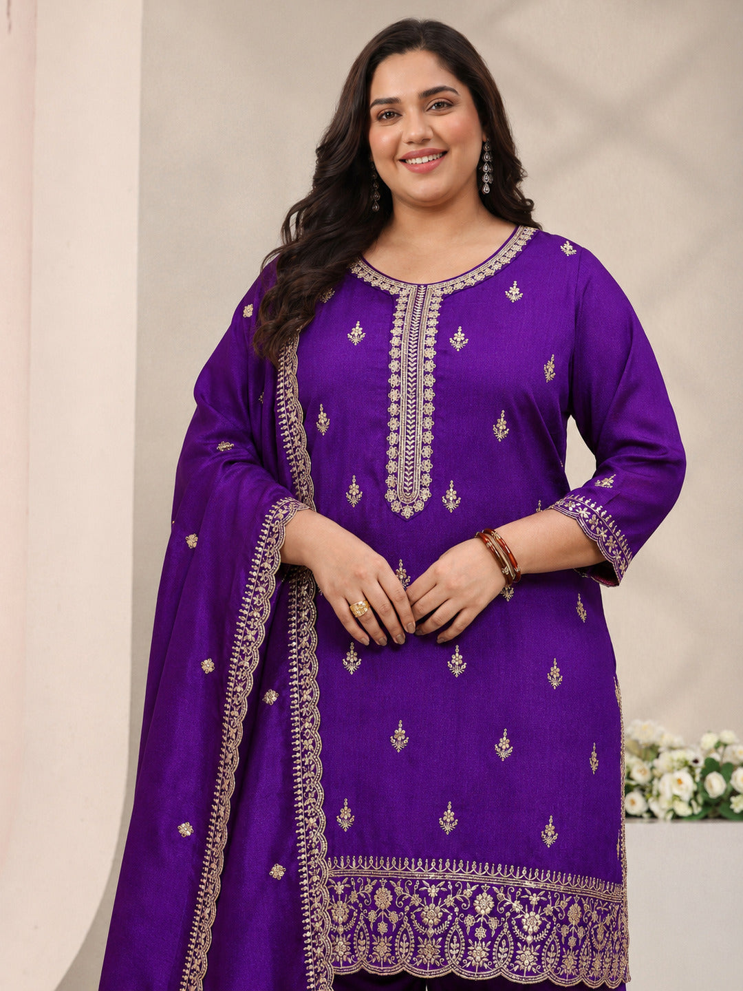 Plus Size Purple Embroidered Silk Blend Straight Suit Set With Dupatta