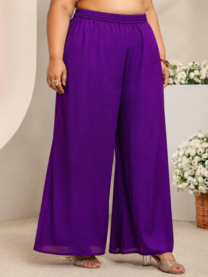 Plus Size Purple Embroidered Silk Blend Straight Suit Set With Dupatta