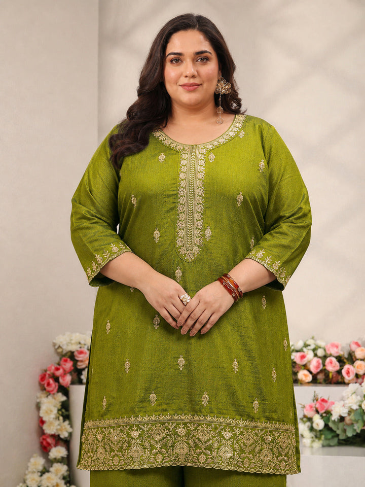 Plus Size Green Embroidered Silk Blend Straight Suit Set With Dupatta