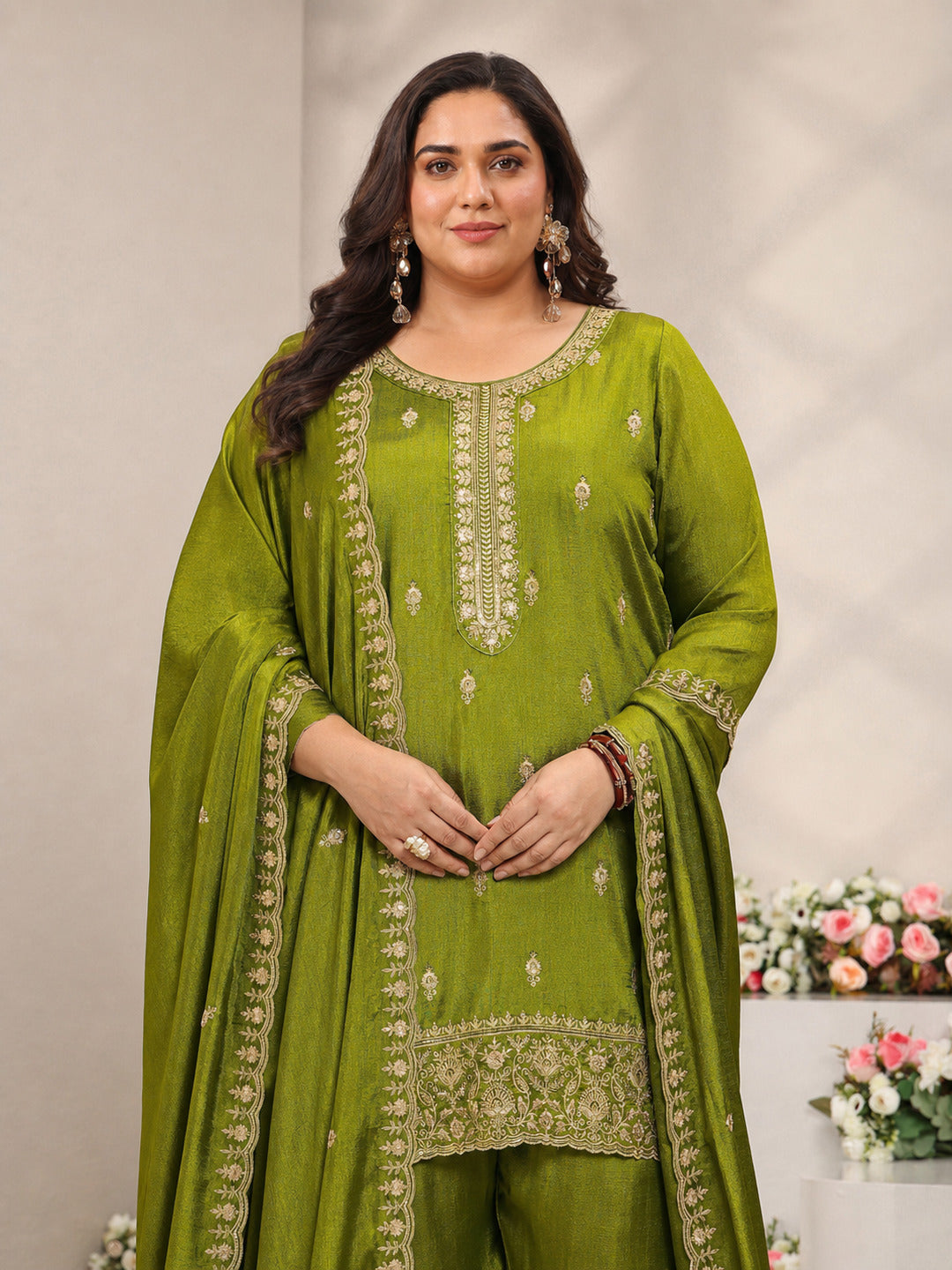 Plus Size Green Embroidered Silk Blend Straight Suit Set With Dupatta