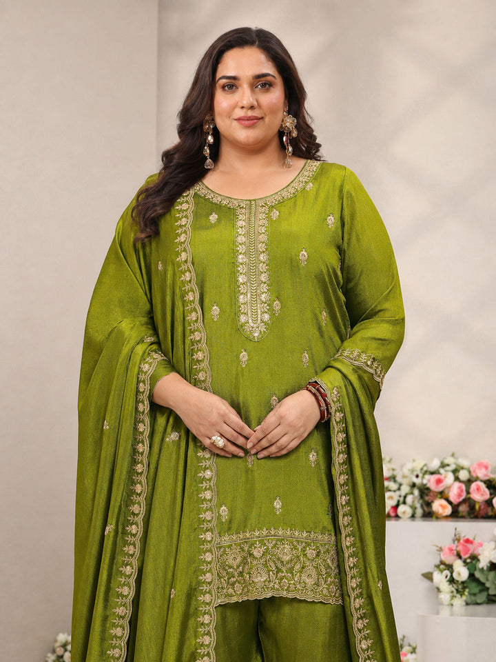 Plus Size Green Embroidered Silk Blend Straight Suit Set With Dupatta